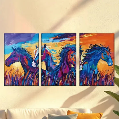 3pcs Colorful Abstract Horse Herd on Grassland Wall Art Set Canvas Unframed – High Quality Print 100% Australian Made Wall Canvas