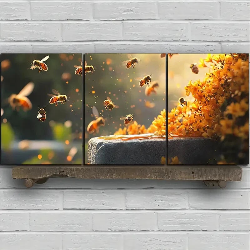 3pcs Bees on Osmanthus Insects Metal Print Ready to Hang Art