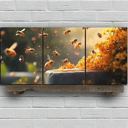 3pcs Bees on Osmanthus Insects Metal Print Ready to Hang Art