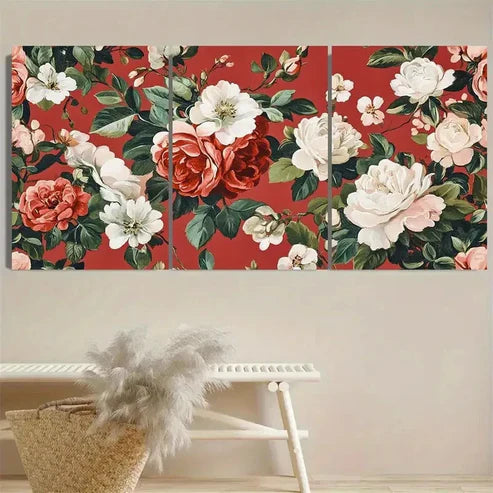 3pcs Elegant Pink & White Roses Design on Red Wall Art Set Canvas Unframed - High Quality Print 100% Australian Made Wall Canvas
