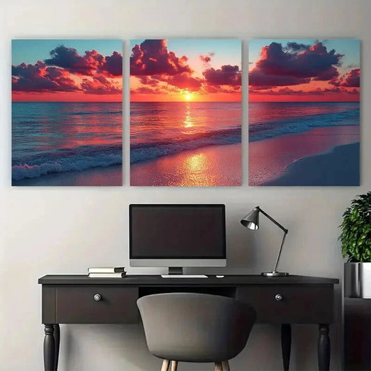 3pcs Vibrant Beach Seashore Sunset Illustration Metal Print Ready to Hang Art