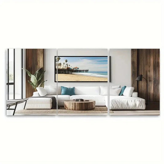 3pcs Santa Monica Pier Beach Scene Posters Metal Print Ready to Hang Art