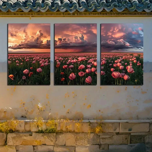 3pcs Cloudy Sky, Flower Fields Illustration Metal Print Ready to Hang Art