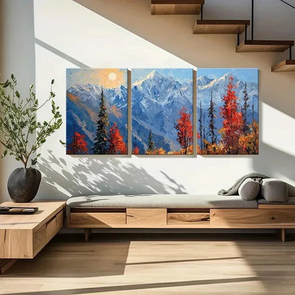 3pcs Mountain Landscape Autumn Trees Snowy Peaks Metal Print Ready to Hang Art