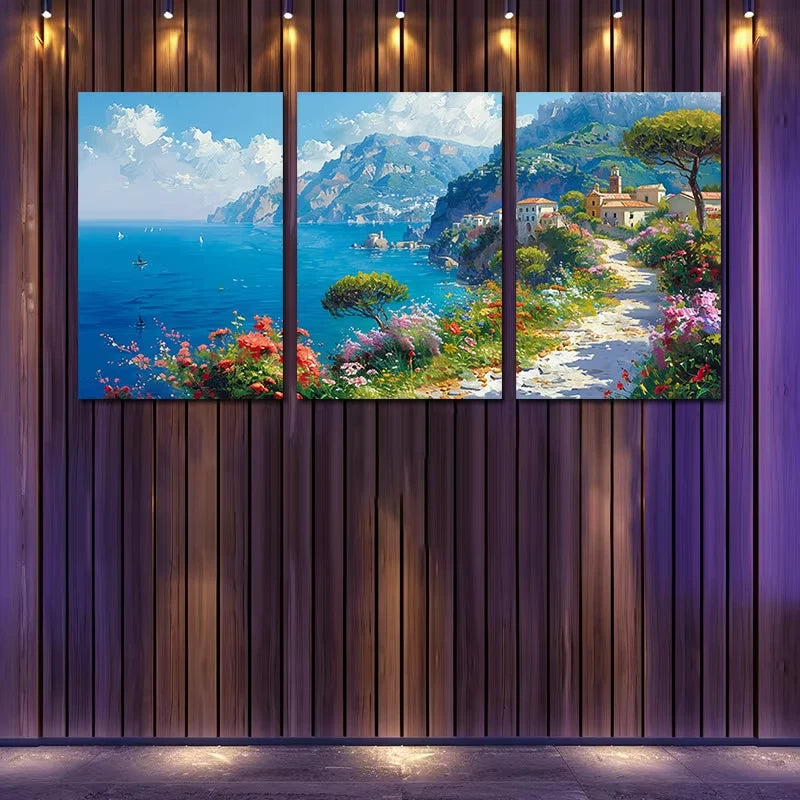 3pcs Vibrant Mediterranean Landscape with Floral Wall Art Set Canvas Framed 60x90cm - High Quality Print 100% Australian Made Wall Canvas Ready to Hang