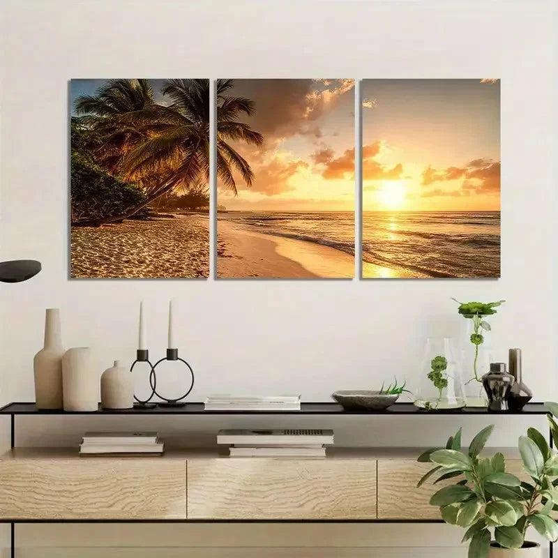 3pcs Golden Sunset Beach Scene with Palm Trees Metal Print Ready to Hang Art