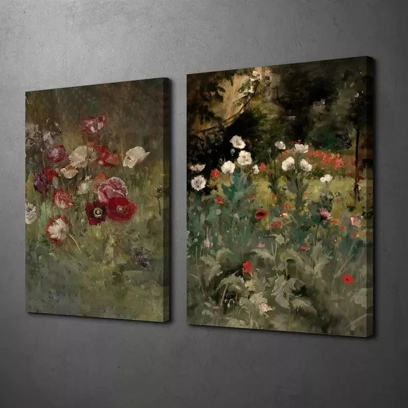 2pcs Decorative Painting, Antique Flower Meadow Canvas Framed 50x75cm - High Quality Print 100% Australian Made Wall Canvas Ready to Hang