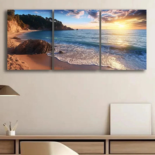 3pcs Sunset Beach Coastal Scenery Metal Print Ready to Hang Art
