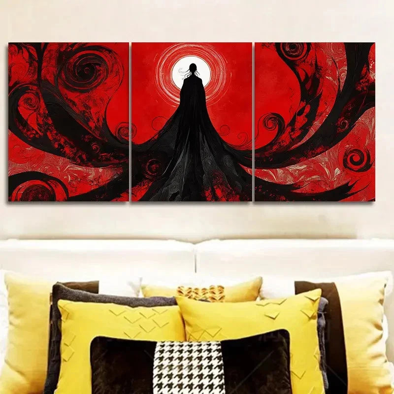3pcs Mysterious Cloaked Figure with Red Swirls Wall Art Set Canvas Framed 60x90cm - High Quality Print 100% Australian Made Wall Canvas Ready to Hang