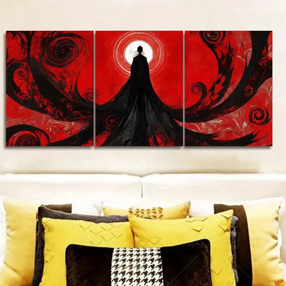 3pcs Mysterious Cloaked Figure with Red Swirls Wall Art Set Canvas Framed 60x90cm - High Quality Print 100% Australian Made Wall Canvas Ready to Hang