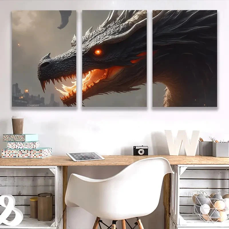 3pcs Black Dragon with Glowing Orange Eyes art Wall Art Set Canvas Framed 50x70cm - High Quality Print 100% Australian Made Wall Canvas Ready to Hang