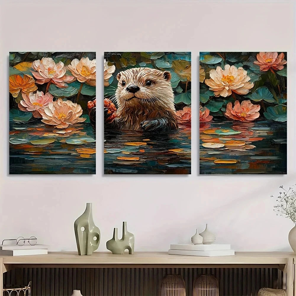3pcs Otter Joy Painting Animal Themed Metal Print Ready to Hang Art