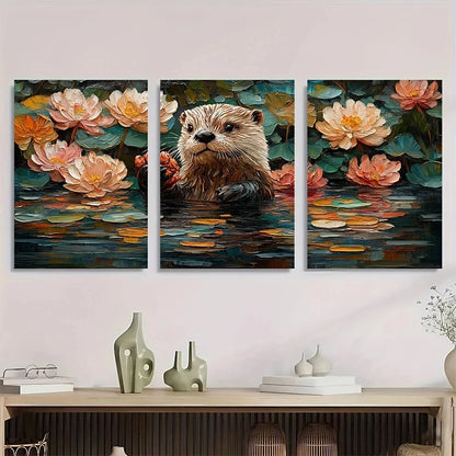 3pcs Otter Joy Painting Animal Themed Metal Print Ready to Hang Art