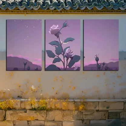 3pcs Vibrant Charming Roses with Moon View Metal Print Ready to Hang Art