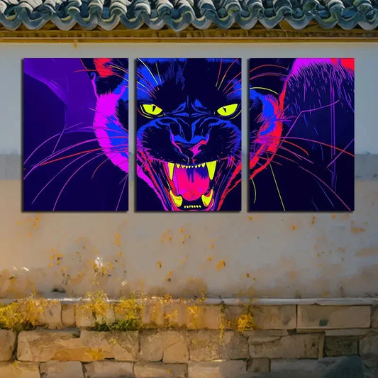 3pcs Vibrant Roaring Leopard Closeup Illustration Metal Print Ready to Hang Art