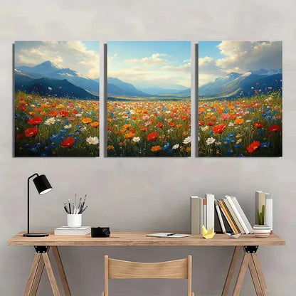 3pcs Vibrant Floral Scenic Countryside Landscape Metal Print Ready to Hang Art