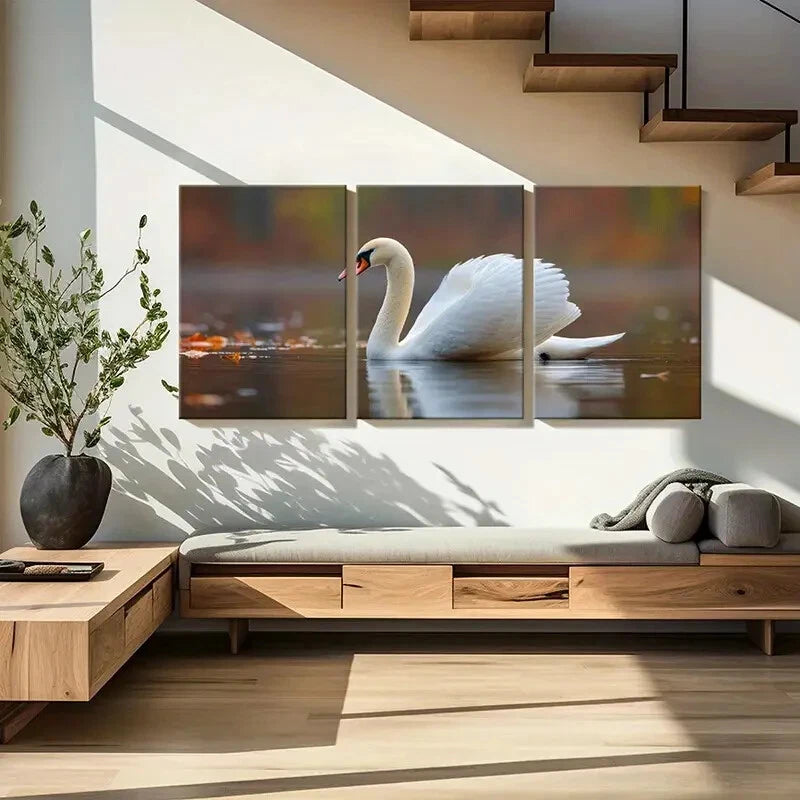 3pcs Elegant White Swan Serene Water Reflection Metal Print Ready to Hang Art