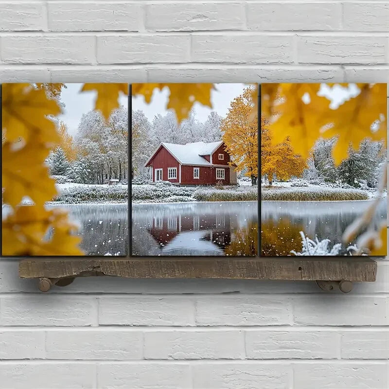 3pcs House in The Snow Golden Leaves Metal Print Ready to Hang Art