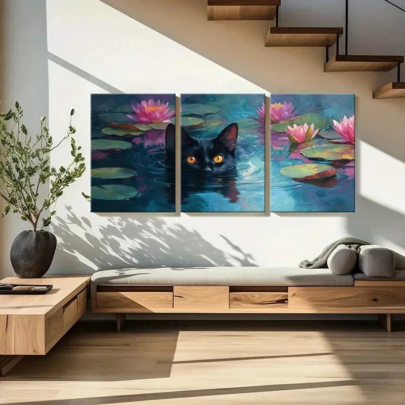 3pcs Black Cat Glowing Eyes Water Lilies Metal Print Ready to Hang Art