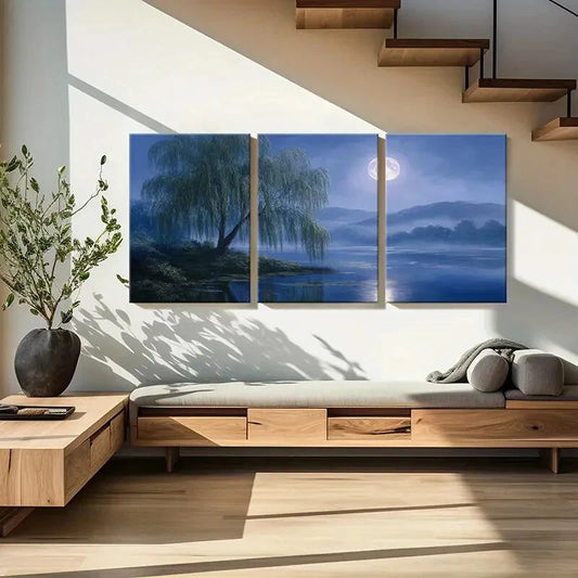 3pcs Moonlit Willow Reflection Landscape Metal Print Ready to Hang Art