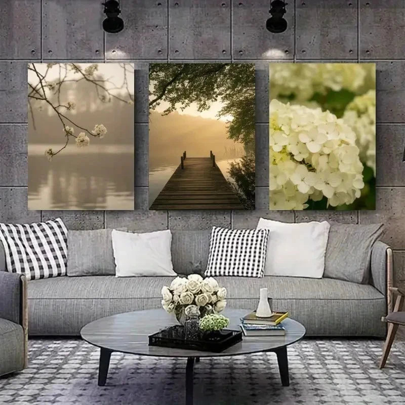 3pcs Cherry Blossom Wooden Pier Hydrangea Metal Print Ready to Hang Art