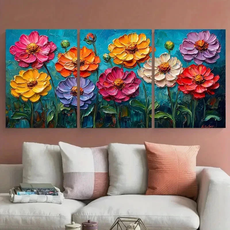 3pcs Zinnia Flowers Impasto Illustration Wall Art Set Canvas Framed 60x90cm - High Quality Print 100% Australian Made Wall Canvas Ready to Hang