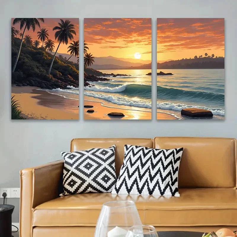 3pcs Vibrant Tropical Palm Trees & Ocean Waves Metal Print Ready to Hang Art