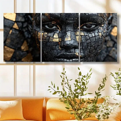 3pcs Diamond Face Golden and Black Geometric Metal Print Ready to Hang Art