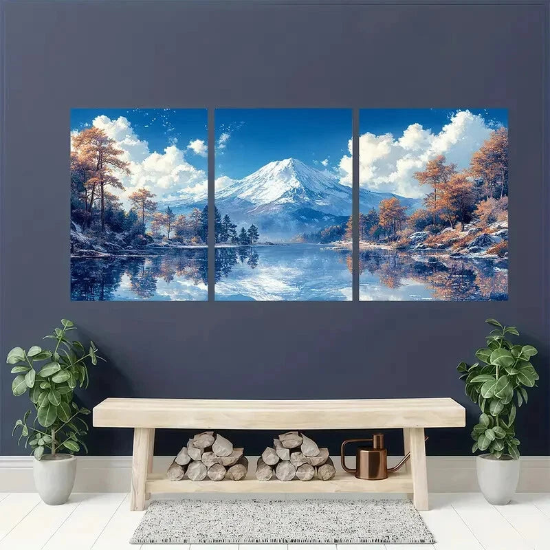 3pcs Snowy Mount Fuji & Autumn Forest Scenes Metal Print Ready to Hang Art