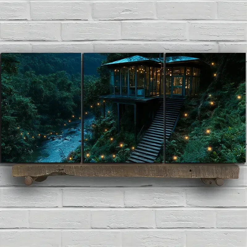 3pcs The Glass House by the River Forest Metal Print Ready to Hang Art