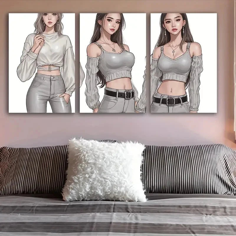 3pcs Modern Lady Abstract Painting Wall Art Set Canvas Framed 50x70cm - High Quality Print 100% Australian Made Wall Canvas Ready to Hang