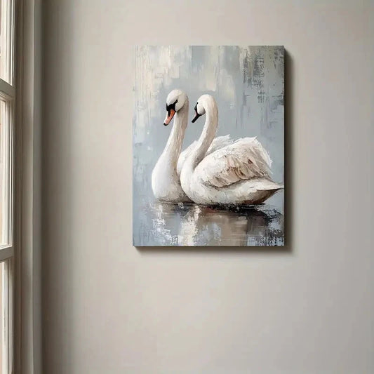 Beautiful Elegant White Swans Oil Painting 40x60cm Metal Print Ready to Hang