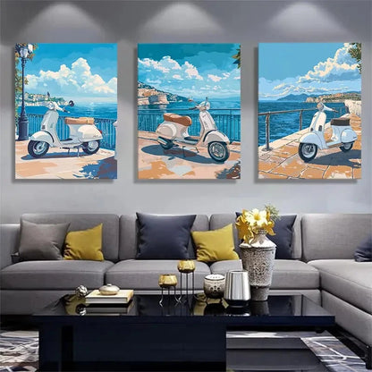 3pcs Retro Scooter Prints with Blue Sea View Metal Print Ready to Hang Art