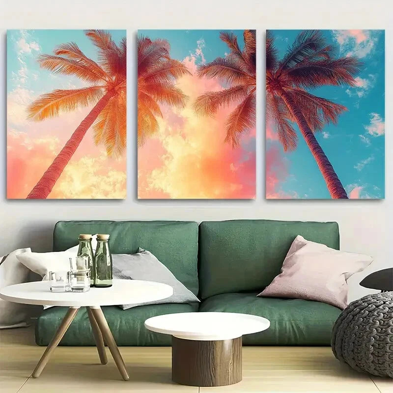 3pcs Palm Trees Blue Sky Sunlit Design Metal Print Ready to Hang Art