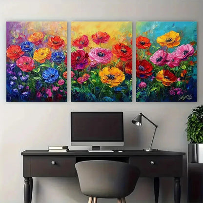 3pcs Colorful Flower Bright Garden Abstract Design Metal Print Ready to Hang Art