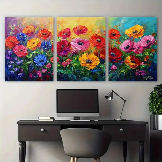 3pcs Colorful Flower Bright Garden Abstract Design Metal Print Ready to Hang Art