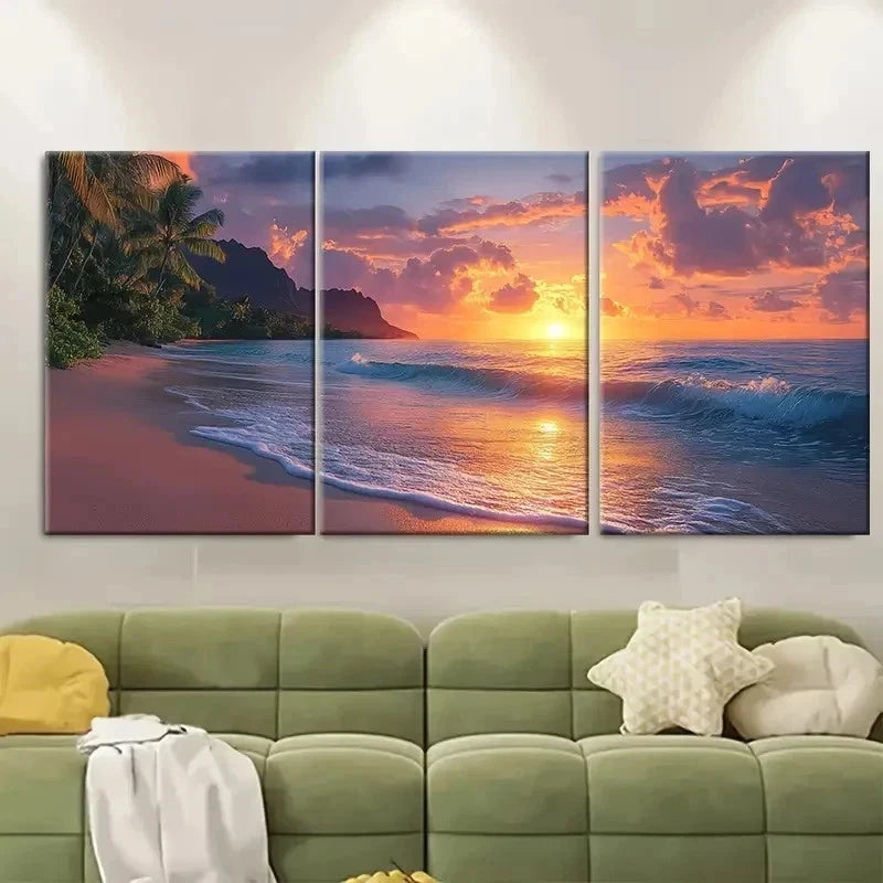 3pcs Tropical Sunrise Seascape Hawaiian VN Wall Art Set Canvas Framed 50x70cm - High Quality Print 100% Australian Made Wall Canvas Ready to Hang