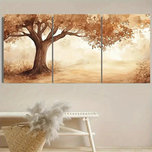 3pcs Oak Tree Forest Neutral Tranquil Beige Brown Metal Print Ready to Hang Art