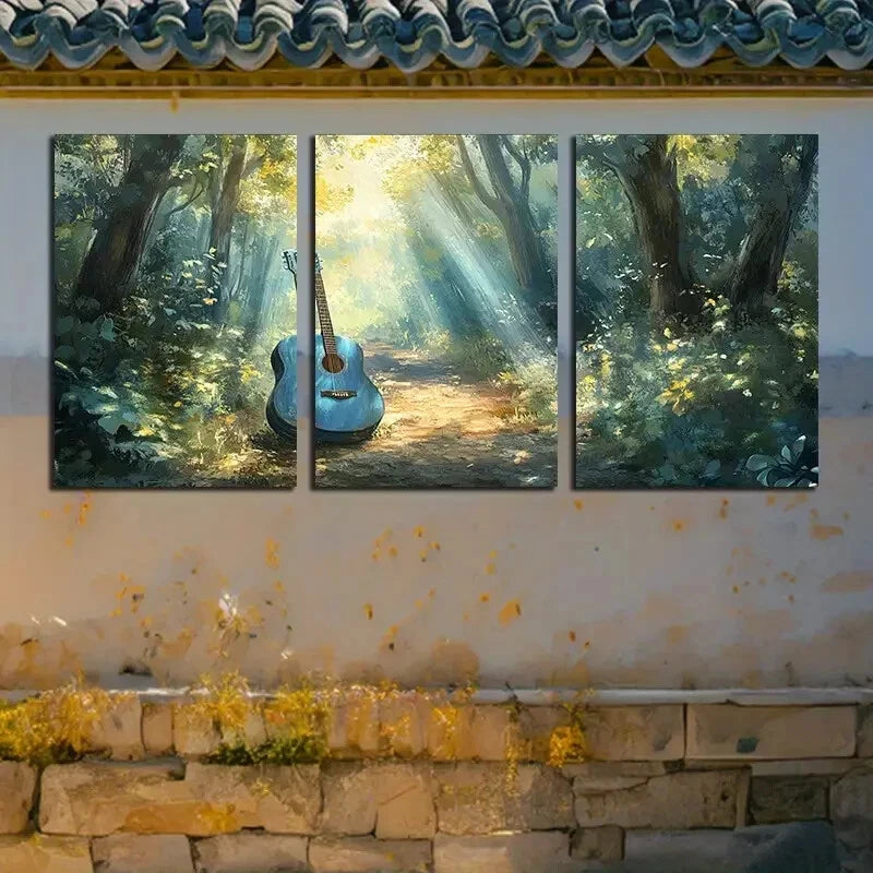 3pcs Vibrant Forest Sunlight and Guitar Metal Print Ready to Hang Art