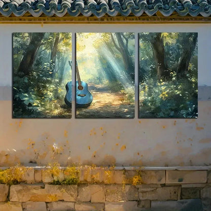 3pcs Vibrant Forest Sunlight and Guitar Metal Print Ready to Hang Art