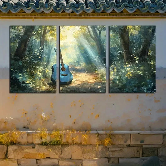 3pcs Vibrant Forest Sunlight and Guitar Metal Print Ready to Hang Art