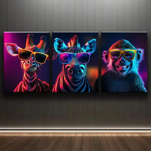 3pcs Vibrant Animal Colorful Zebra & Monkey Metal Print Ready to Hang Art