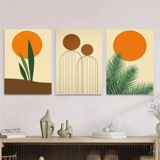 3pcs Modern Abstract Minimalist Sunset and Plant Metal Print Ready to Hang Art