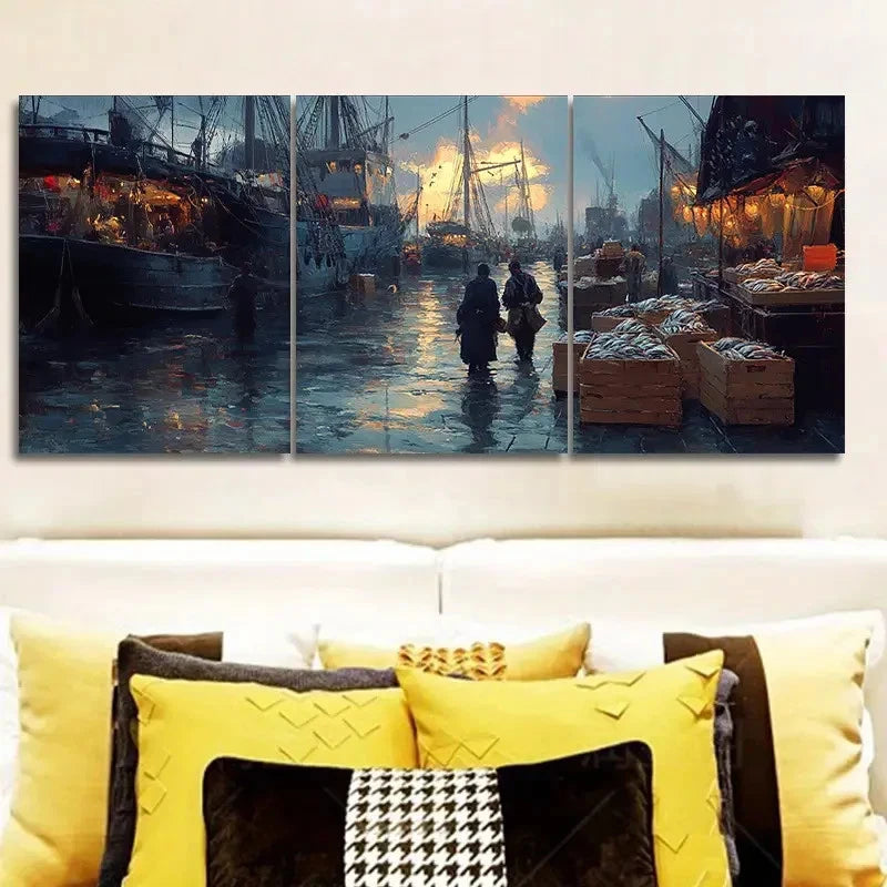 3pcs Depicting a Lively Harbor Scene Painting Metal Print Ready to Hang Art
