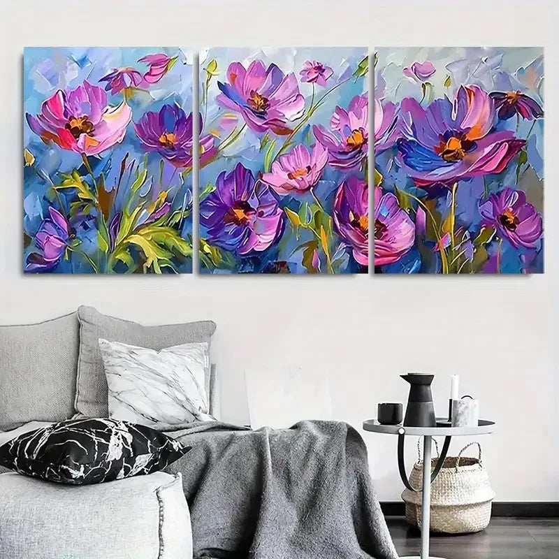 3pcs Vibrant Purple & Pink Impressionistic Garden Metal Print Ready to Hang Art