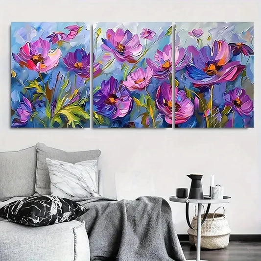 3pcs Vibrant Purple & Pink Impressionistic Garden Metal Print Ready to Hang Art