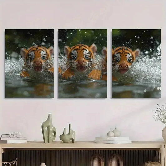 3pcs Vibrant Tiger Cub Swimming Scene Wildlife Metal Print Ready to Hang Art