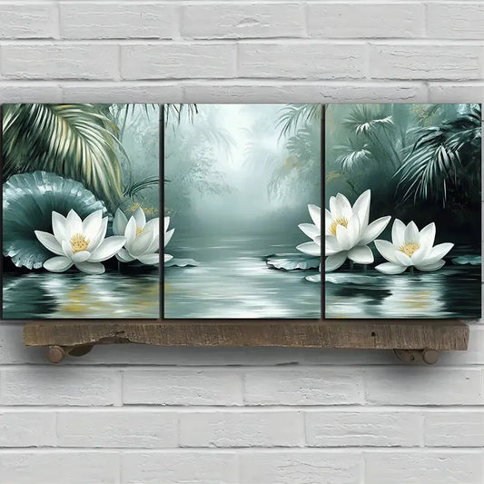 3pcs Lotus & Lotus Leaves In The Water Metal Print Ready to Hang Art