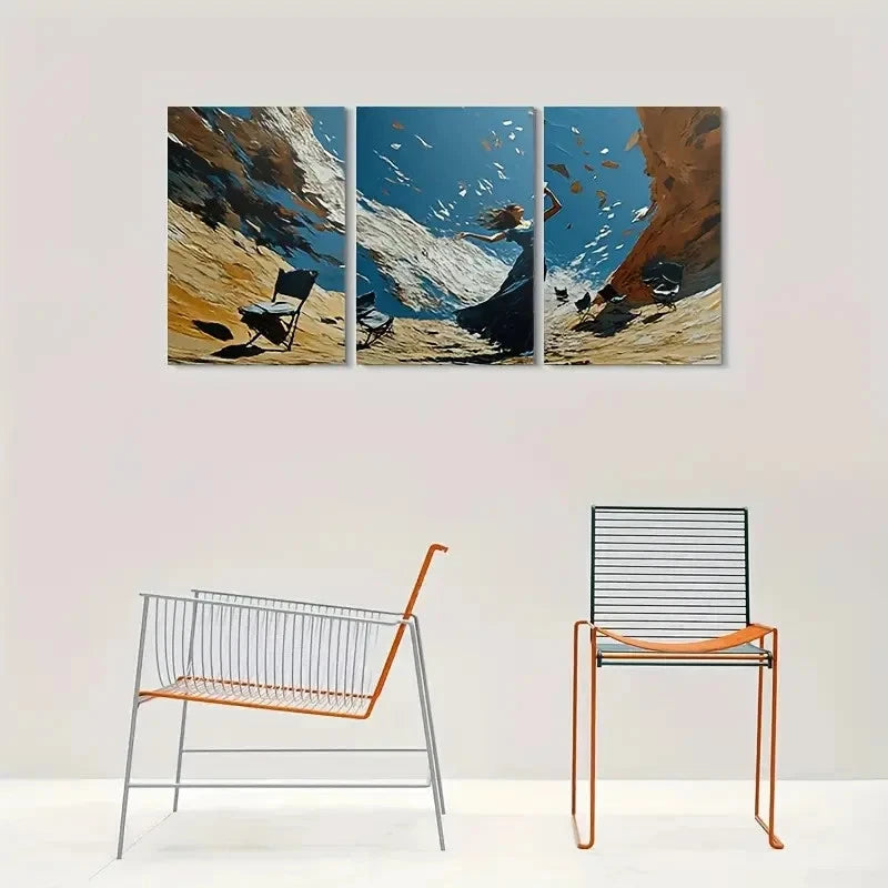 3pcs Modern Girl Blue Sky Mountains Metal Print Ready to Hang Art