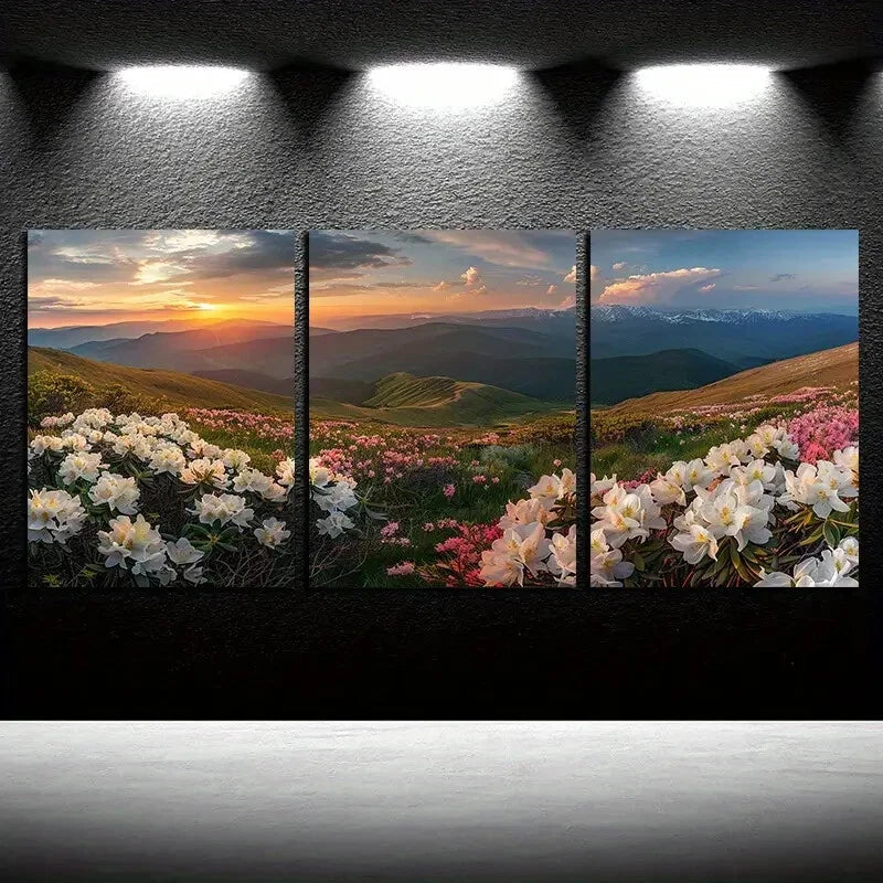3pcs Vibrant Blooming Flowers with Mountain View Metal Print Ready to Hang Art